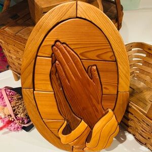Praying Hands JESUS CHRIST Original Vintage Fine Art SOLID WOOD SCULPTURE Plaque